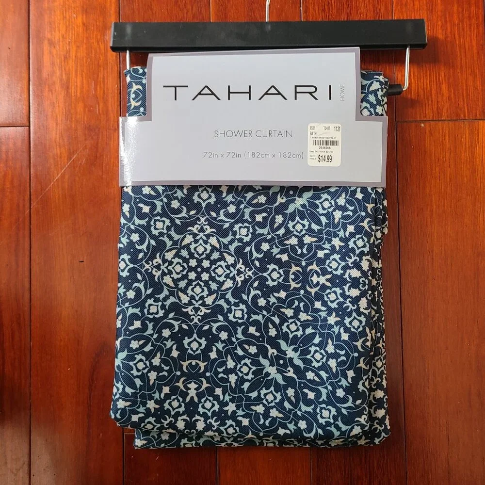 Tahari Fabric Shower Curtain – Navy Blue Floral – New in Packaging